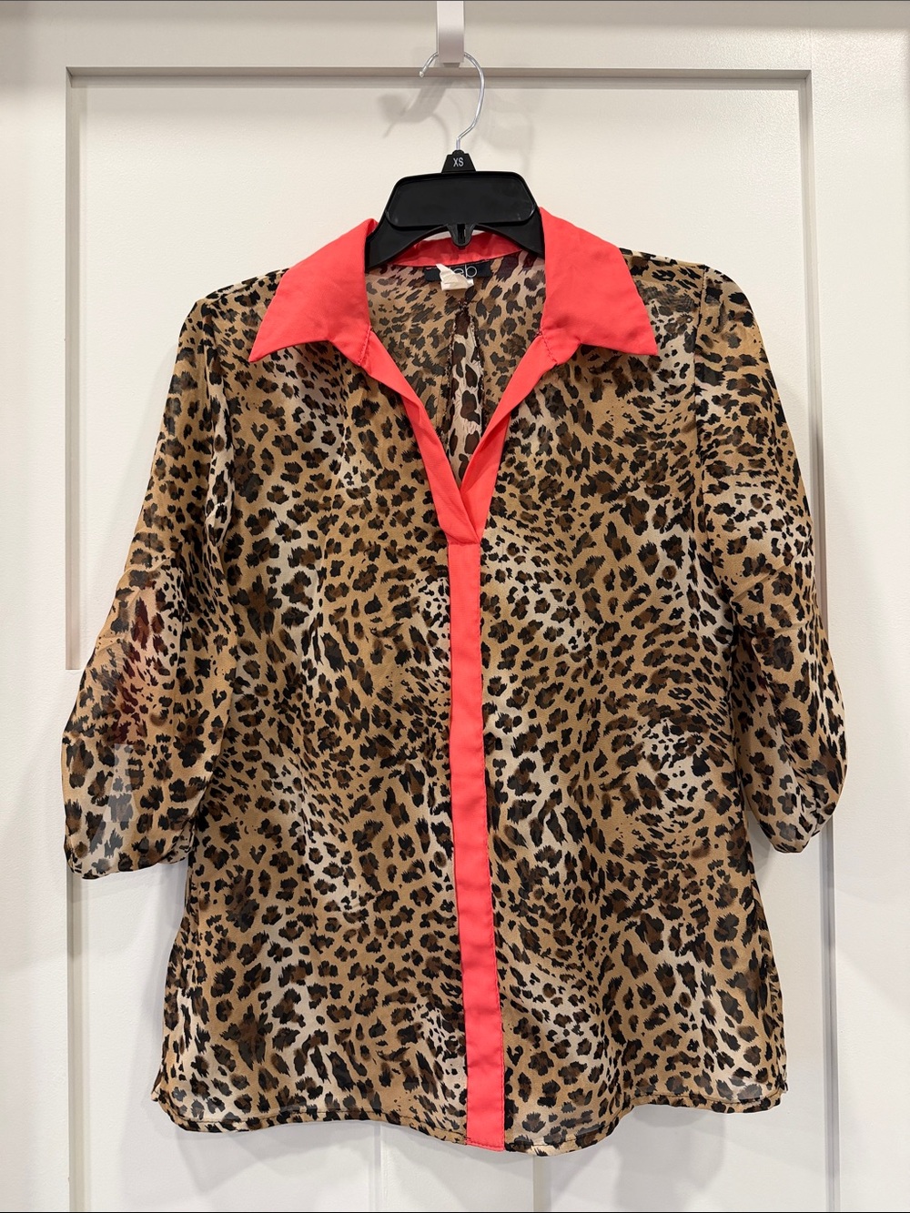 Deb Leopard Print Sheer Blouse with Coral Trim